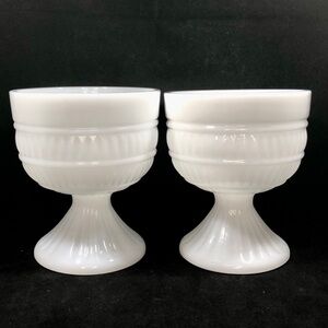 2 MILK GLASS PEDESTAL COMPOTE/CANDY DISHES WITH RIBBED PATTERN 5.5” TALL
